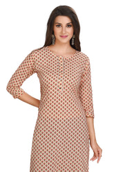 Peach Cotton Kurti with Floral Print and Zari Work